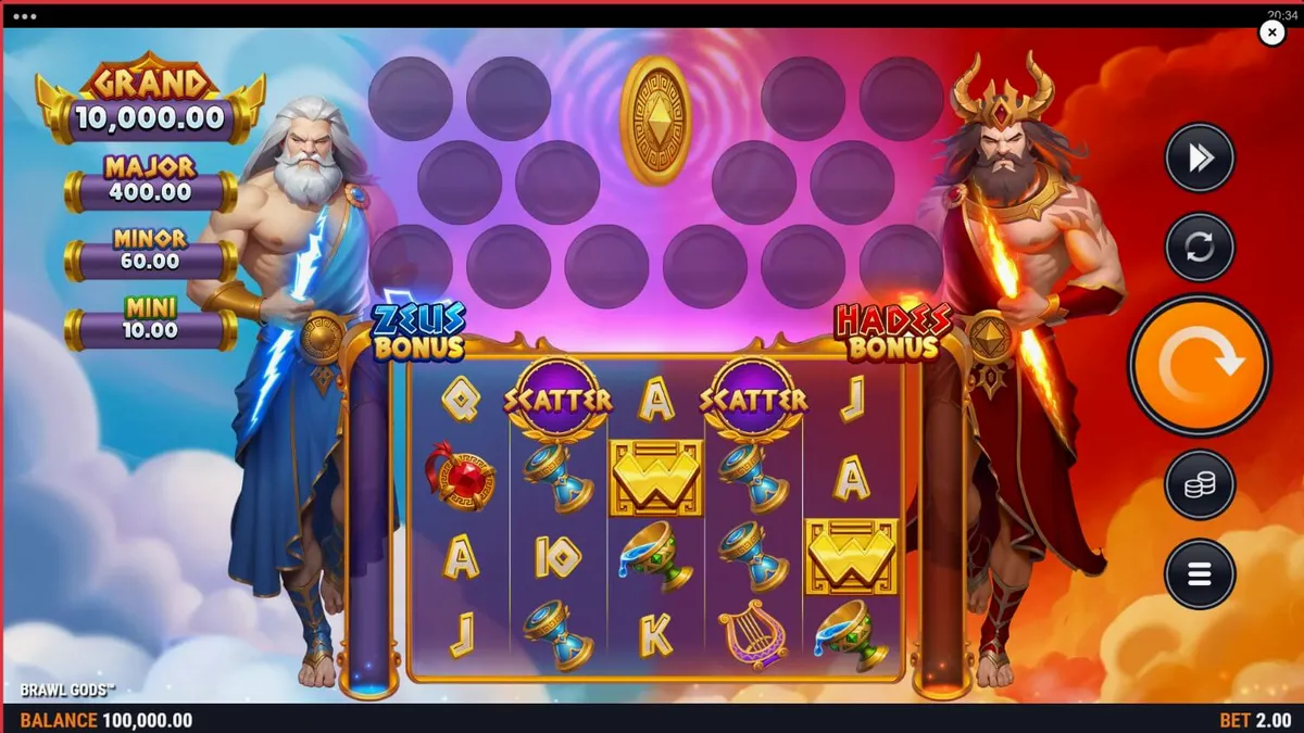 Tampilan layar permainan slot Brawl Gods dengan tema Zeus dan Hades