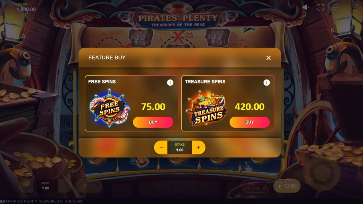 Tampilan visual slot Pirates’ Plenty: Treasures of the Seas dengan tema bajak laut