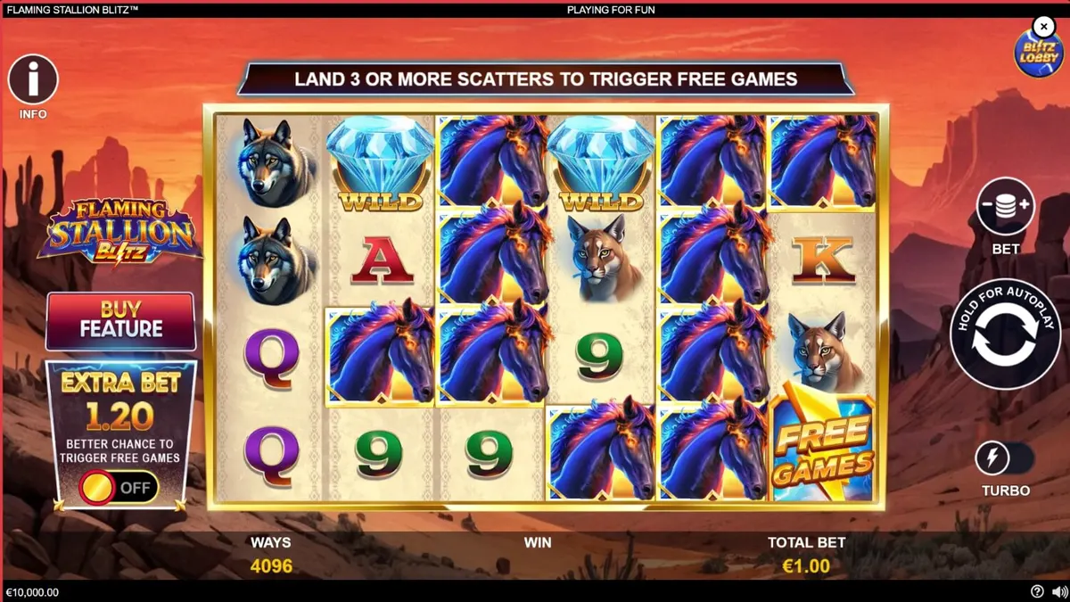 Tampilan visual slot Flaming Stallion Blitz dengan latar belakang gurun yang membara